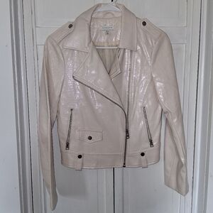 Topshop Cream Croc-Effect Faux Leather Moto Jacket